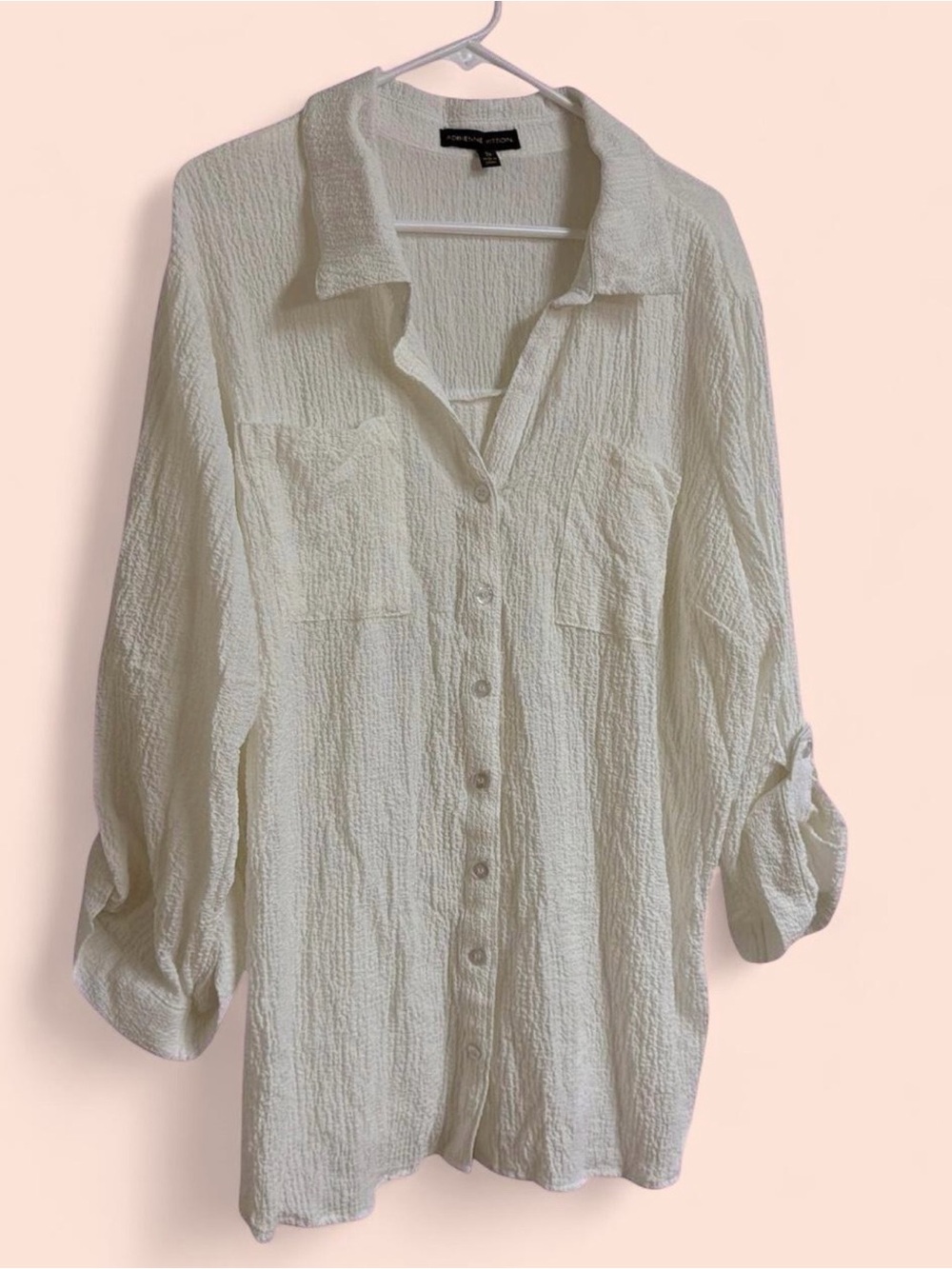 Adrienne Vittadini Cream Crinkle Button-Down Shirt